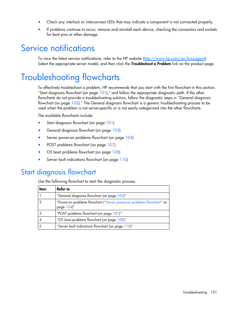 Service notifications, Troubleshooting flowcharts, Start diagnosis flowchart | To begin the diagnostic | HP ProLiant DL580 G4 Server User Manual | Page 101 / 139