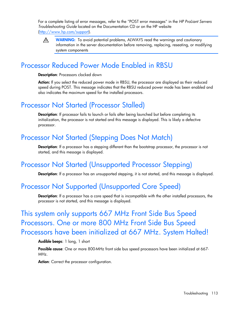 Processor reduced power mode enabled in rbsu, Processor not started (processor stalled), Processor not started (stepping does not match) | Processor not supported (unsupported core speed) | HP ProLiant DL580 G4 Server User Manual | Page 113 / 139