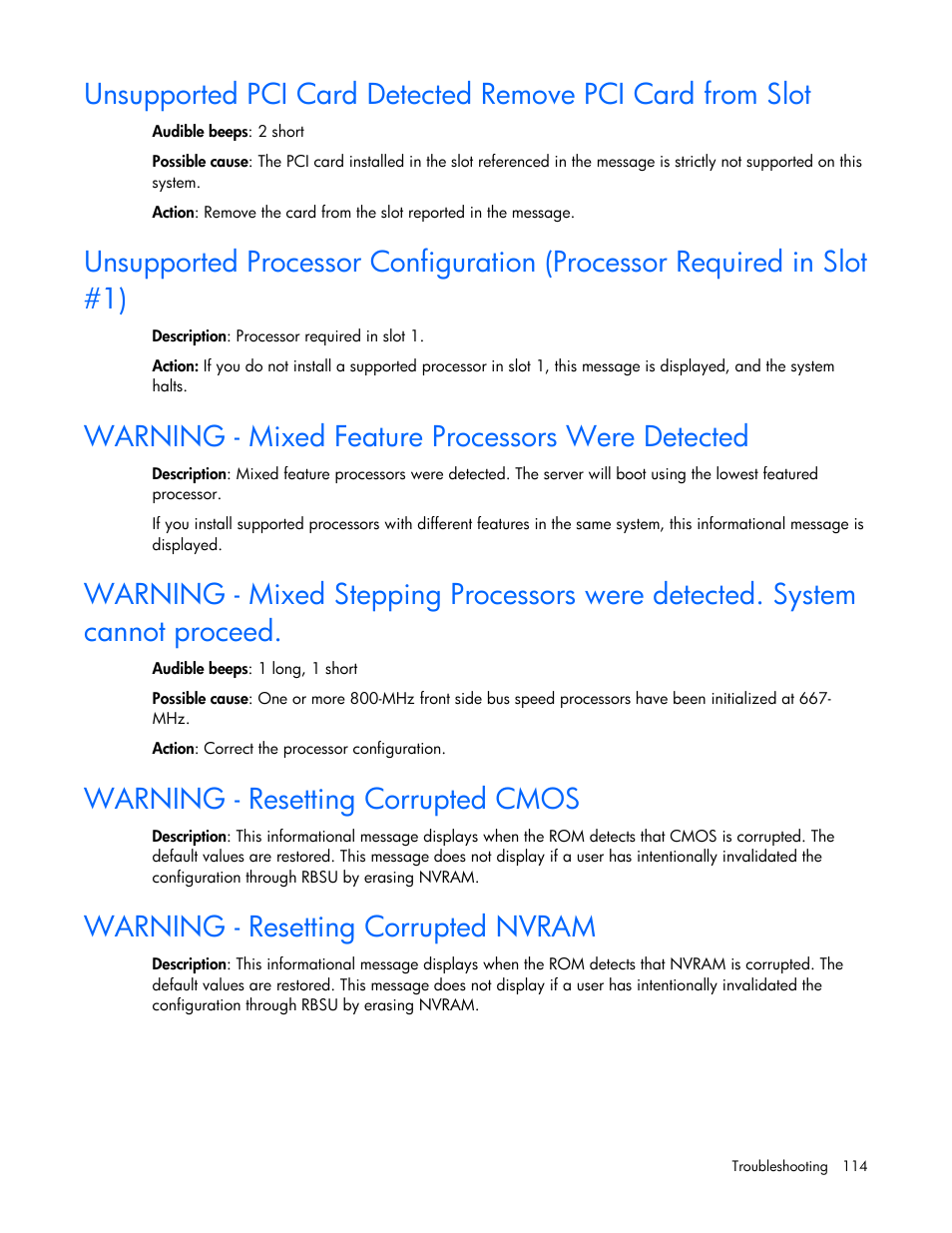 Warning - mixed feature processors were detected, Warning - resetting corrupted cmos, Warning - resetting corrupted nvram | HP ProLiant DL580 G4 Server User Manual | Page 114 / 139