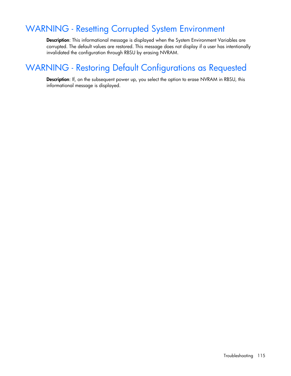 Warning - resetting corrupted system environment | HP ProLiant DL580 G4 Server User Manual | Page 115 / 139