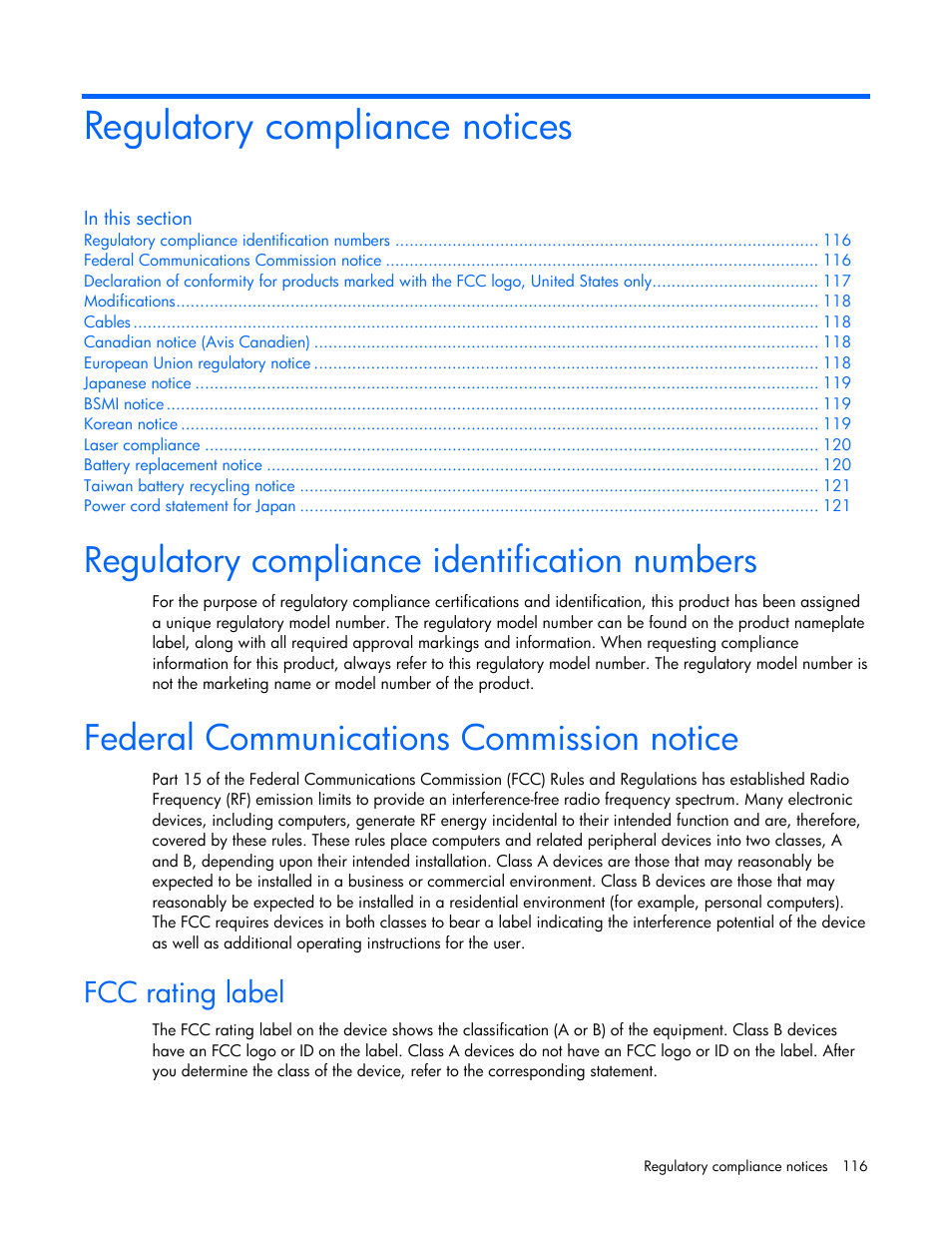 Regulatory compliance notices, Regulatory compliance identification numbers, Federal communications commission notice | Fcc rating label | HP ProLiant DL580 G4 Server User Manual | Page 116 / 139