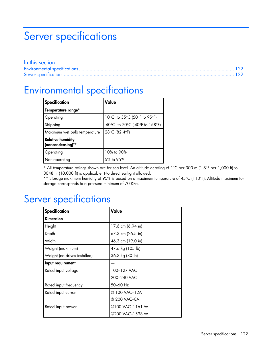 Server specifications, Environmental specifications | HP ProLiant DL580 G4 Server User Manual | Page 122 / 139