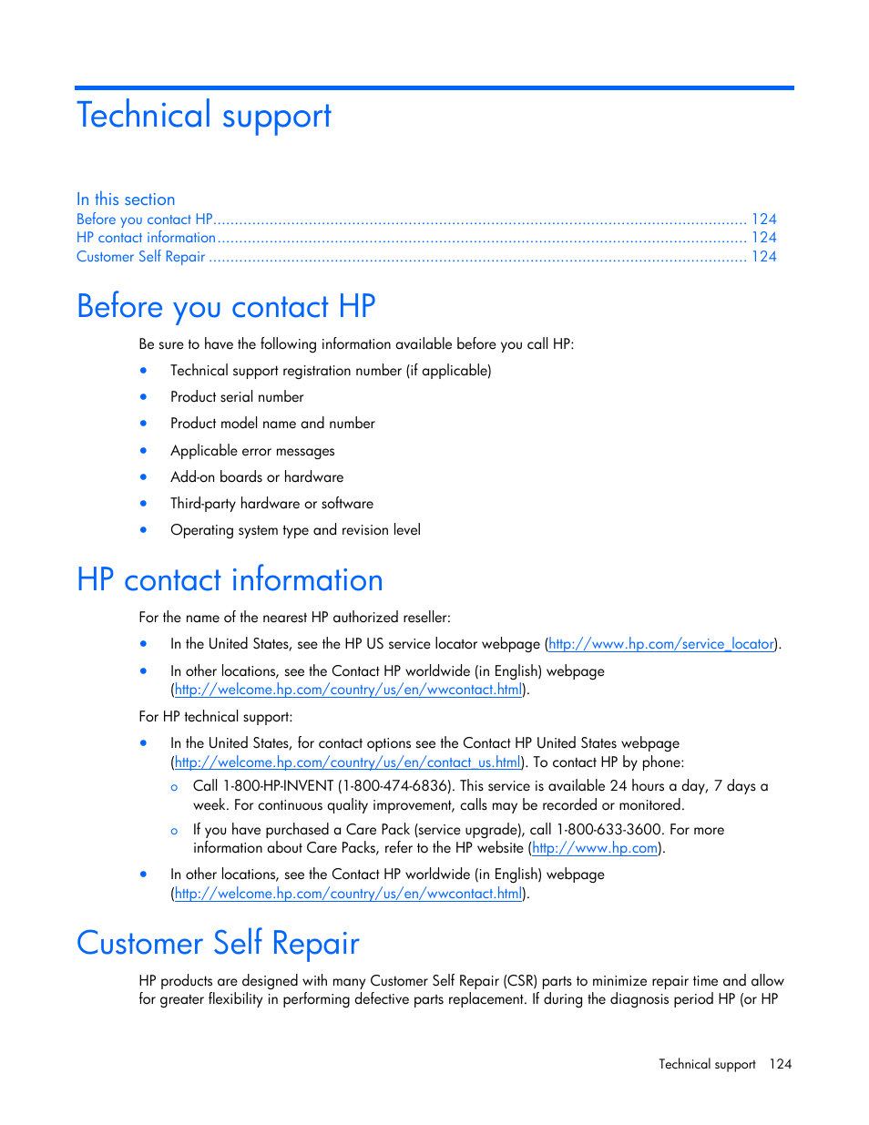 Technical support, Before you contact hp, Hp contact information | Customer self repair | HP ProLiant DL580 G4 Server User Manual | Page 124 / 139