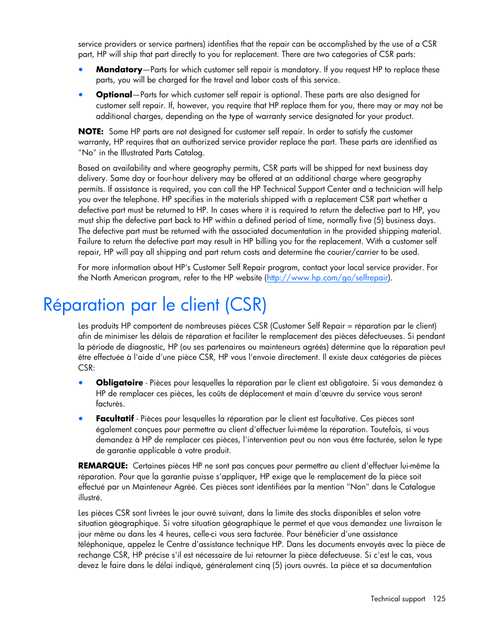 Réparation par le client (csr) | HP ProLiant DL580 G4 Server User Manual | Page 125 / 139