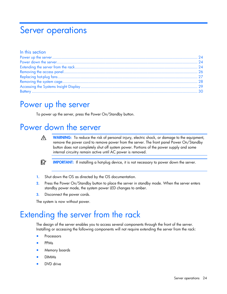 Server operations, Power up the server, Power down the server | Extending the server from the rack | HP ProLiant DL580 G4 Server User Manual | Page 24 / 139