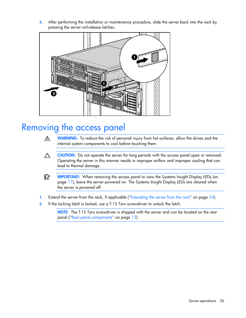 Removing the access panel | HP ProLiant DL580 G4 Server User Manual | Page 26 / 139