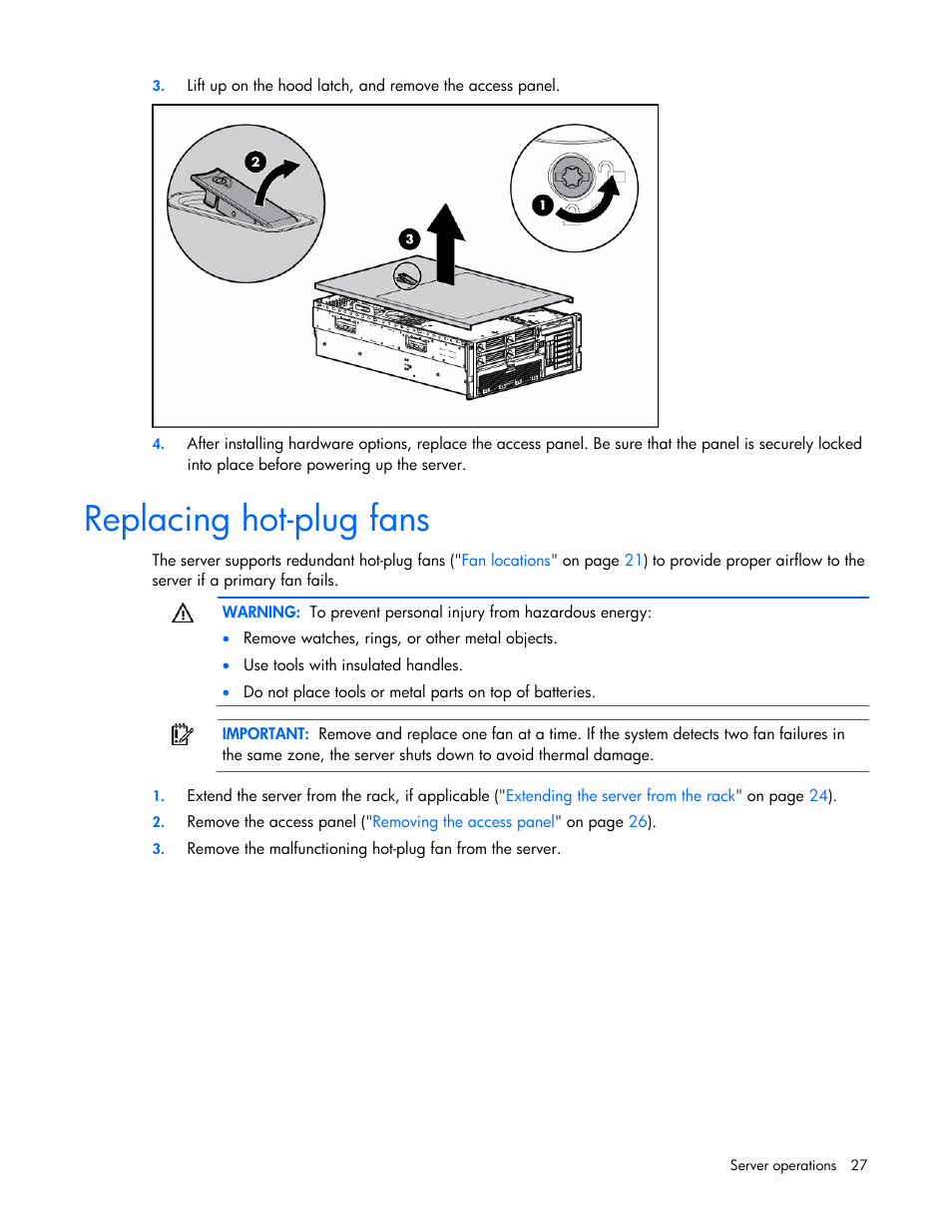 Replacing hot-plug fans | HP ProLiant DL580 G4 Server User Manual | Page 27 / 139