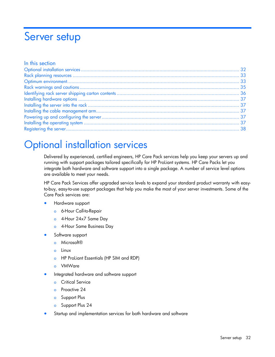 Server setup, Optional installation services | HP ProLiant DL580 G4 Server User Manual | Page 32 / 139