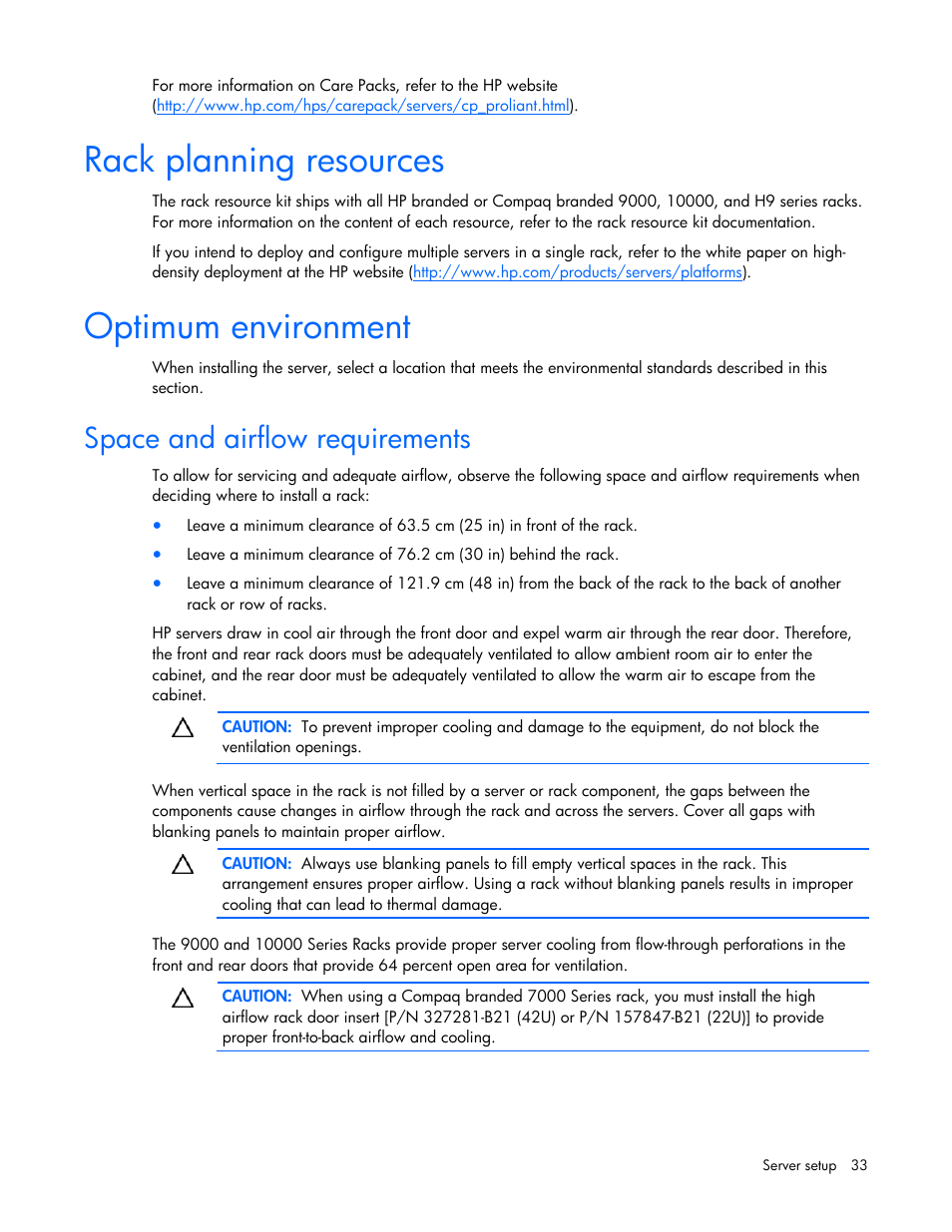 Rack planning resources, Optimum environment, Space and airflow requirements | 33 optimum environment | HP ProLiant DL580 G4 Server User Manual | Page 33 / 139