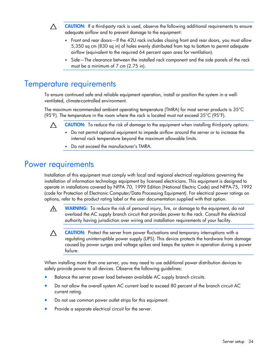 Temperature requirements, Power requirements | HP ProLiant DL580 G4 Server User Manual | Page 34 / 139