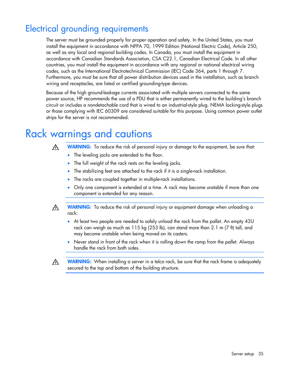 Electrical grounding requirements, Rack warnings and cautions | HP ProLiant DL580 G4 Server User Manual | Page 35 / 139