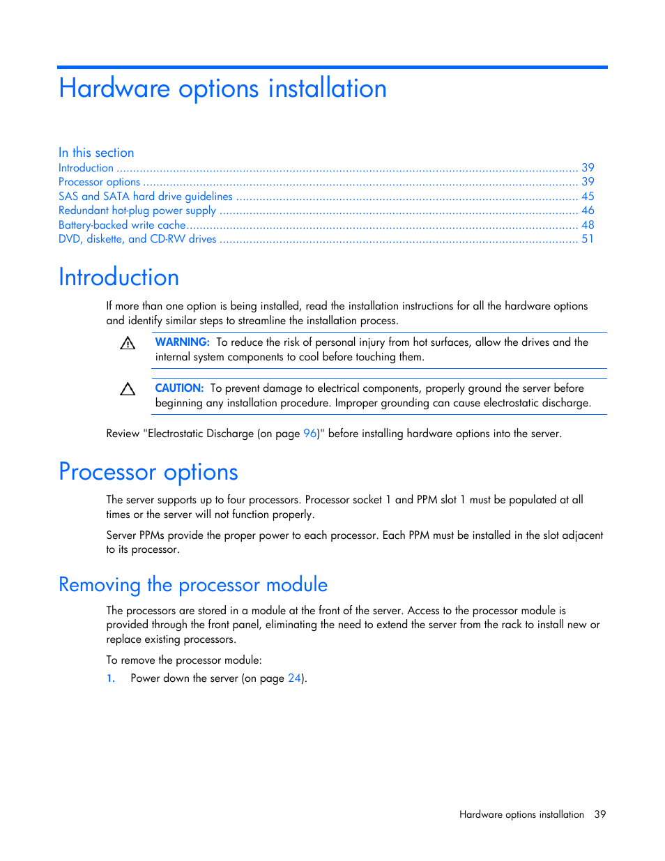 Hardware options installation, Introduction, Processor options | Removing the processor module | HP ProLiant DL580 G4 Server User Manual | Page 39 / 139