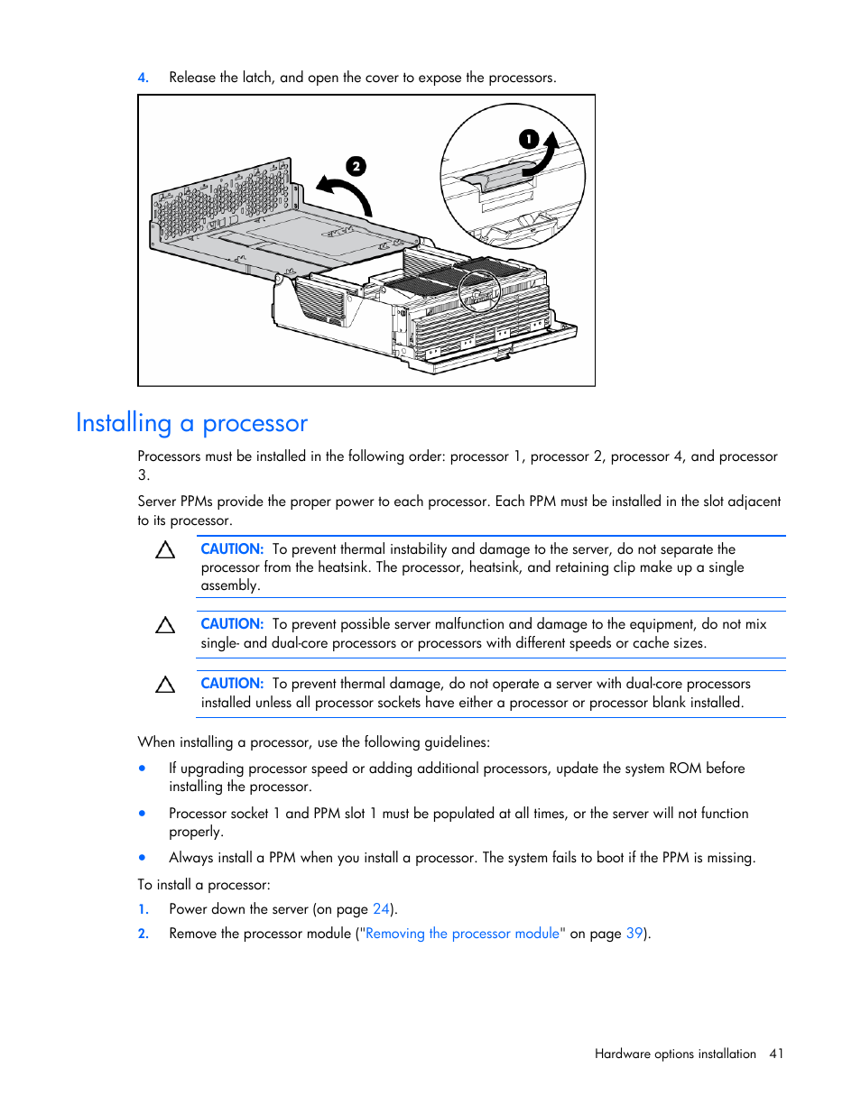 Installing a processor | HP ProLiant DL580 G4 Server User Manual | Page 41 / 139