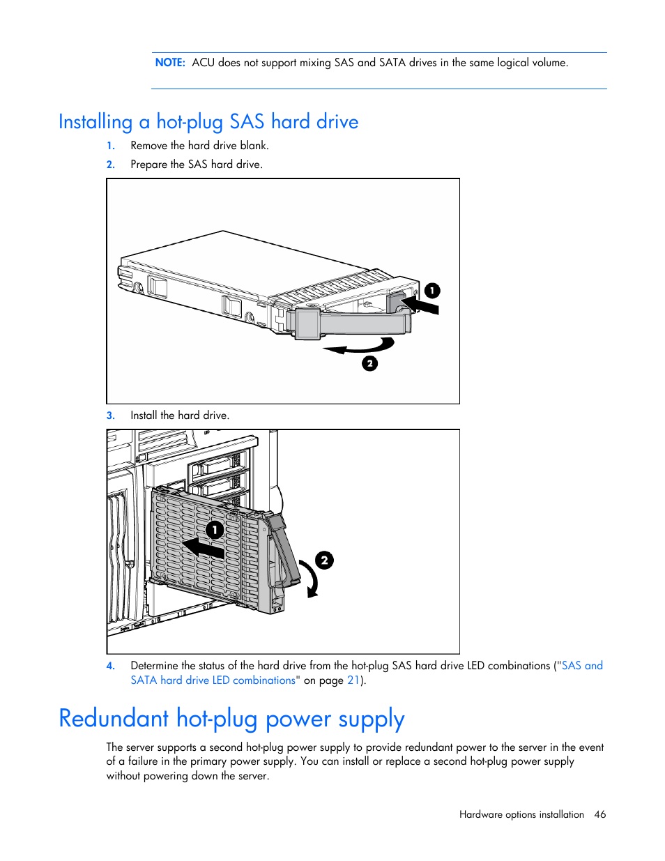 Installing a hot-plug sas hard drive, Redundant hot-plug power supply | HP ProLiant DL580 G4 Server User Manual | Page 46 / 139