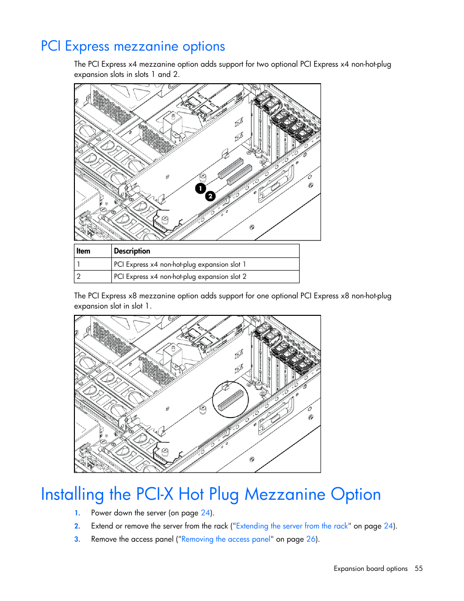 Pci express mezzanine options, Installing the pci-x hot plug mezzanine option, Option | Adds two, Adds one | HP ProLiant DL580 G4 Server User Manual | Page 55 / 139