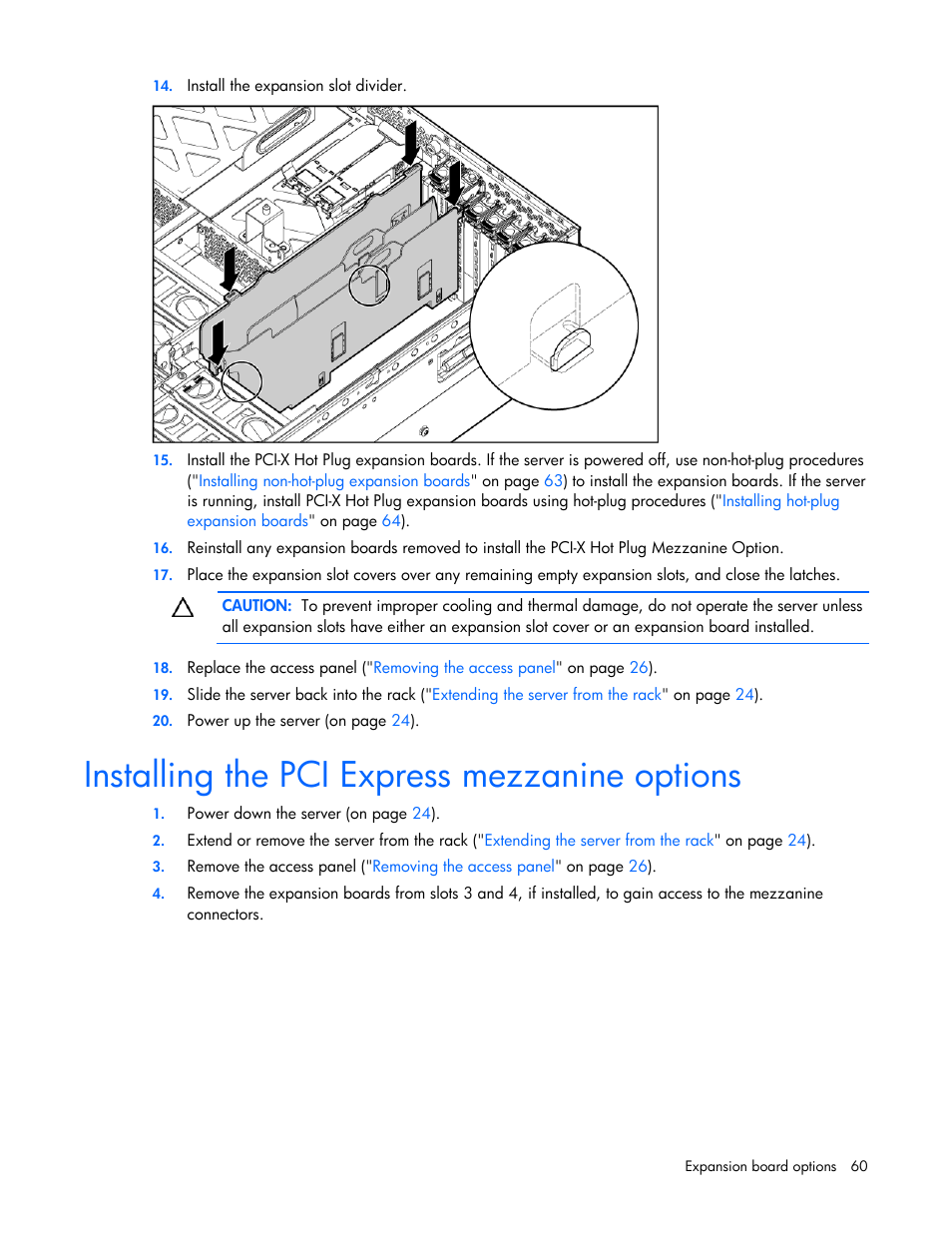 Installing the pci express mezzanine options | HP ProLiant DL580 G4 Server User Manual | Page 60 / 139