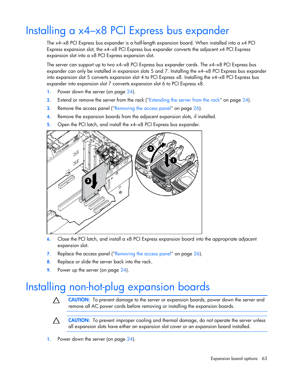 Installing a x4–x8 pci express bus expander, Installing non-hot-plug expansion boards, To install the expansion | Nsion board | HP ProLiant DL580 G4 Server User Manual | Page 63 / 139