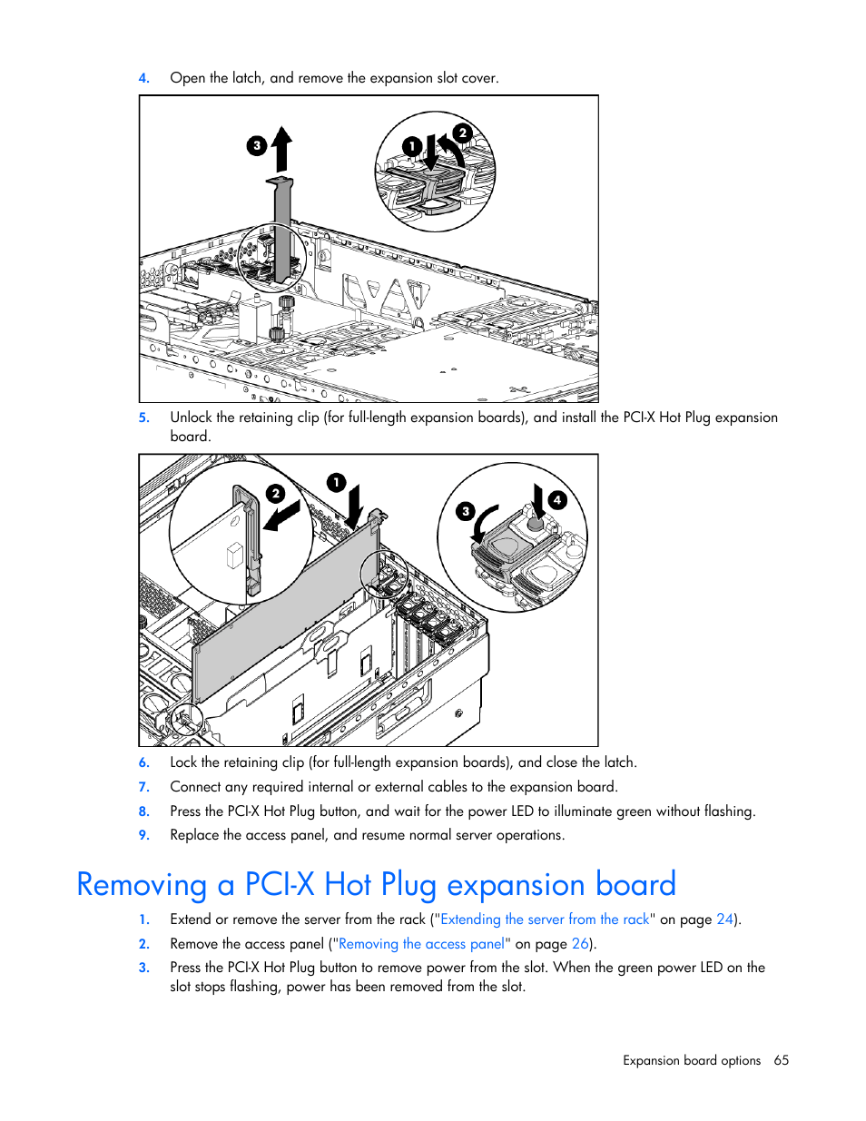 Removing a pci-x hot plug expansion board | HP ProLiant DL580 G4 Server User Manual | Page 65 / 139