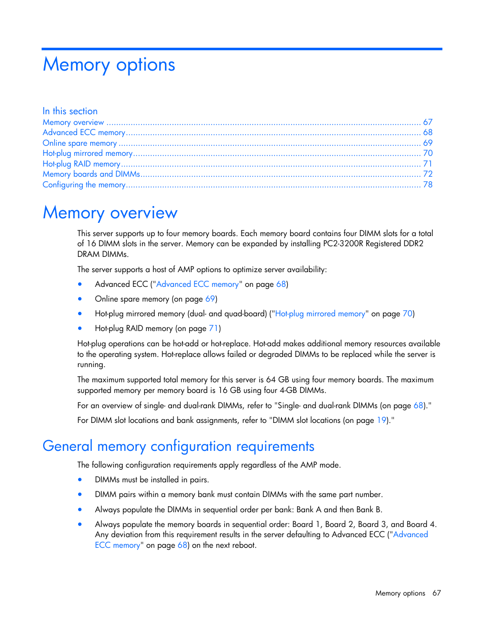 Memory options, Memory overview, General memory configuration requirements | HP ProLiant DL580 G4 Server User Manual | Page 67 / 139