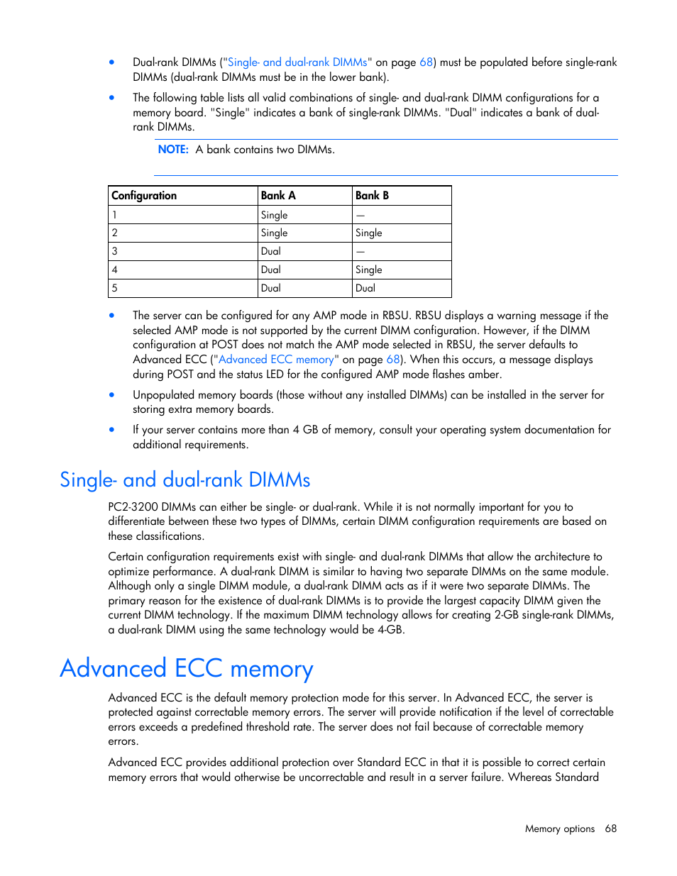 Single- and dual-rank dimms, Advanced ecc memory, To advanced ecc | Advanced, Ecc memory, On the next reboot | HP ProLiant DL580 G4 Server User Manual | Page 68 / 139