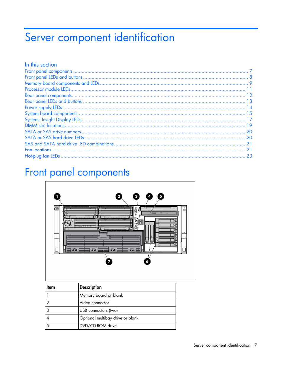 Server component identification, Front panel components | HP ProLiant DL580 G4 Server User Manual | Page 7 / 139