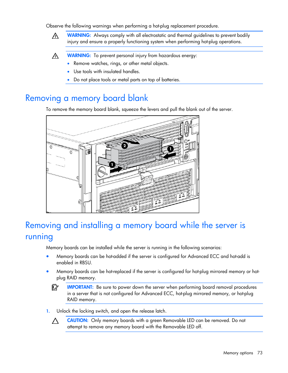 Removing a memory board blank | HP ProLiant DL580 G4 Server User Manual | Page 73 / 139