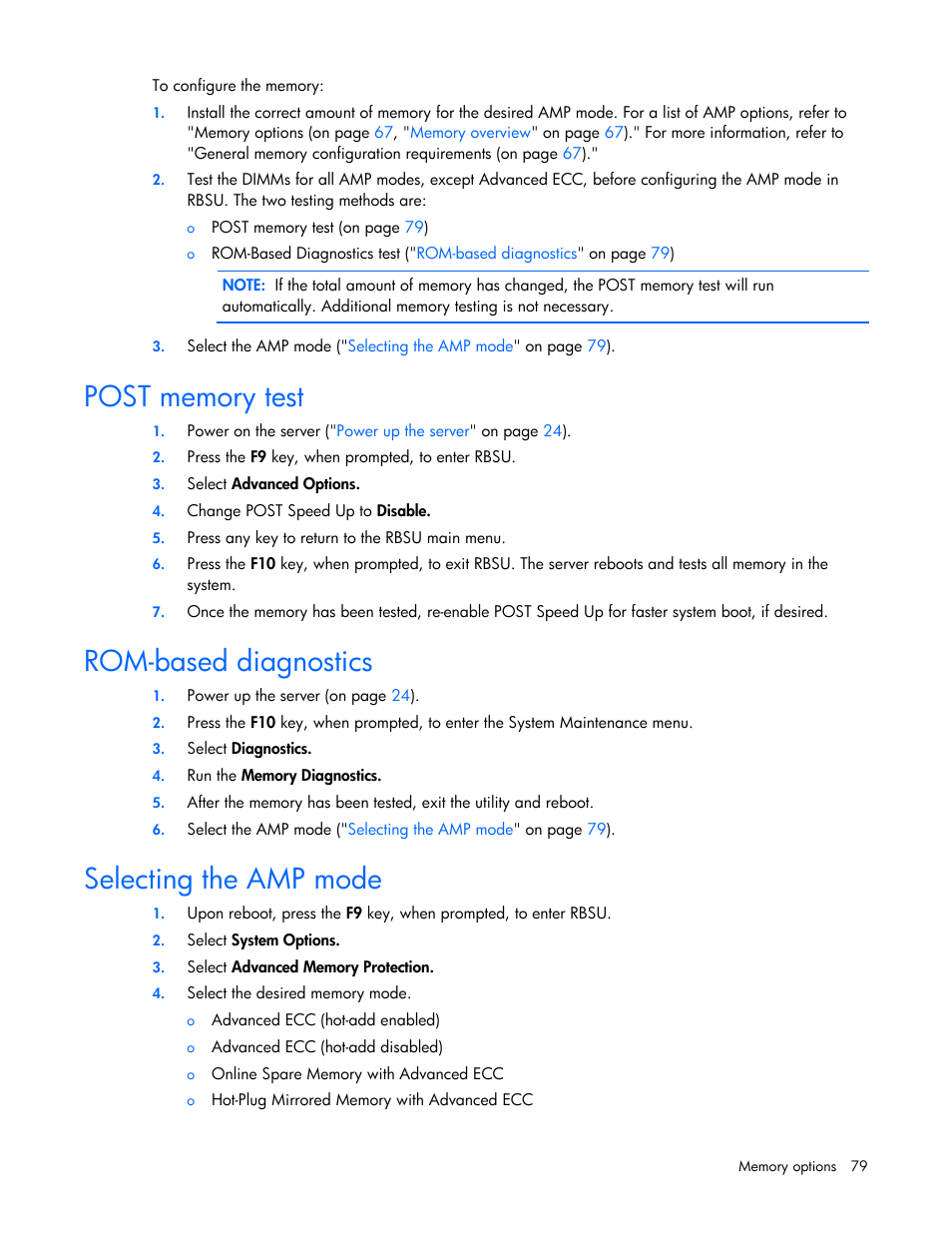 Post memory test, Rom-based diagnostics, Selecting the amp mode | HP ProLiant DL580 G4 Server User Manual | Page 79 / 139