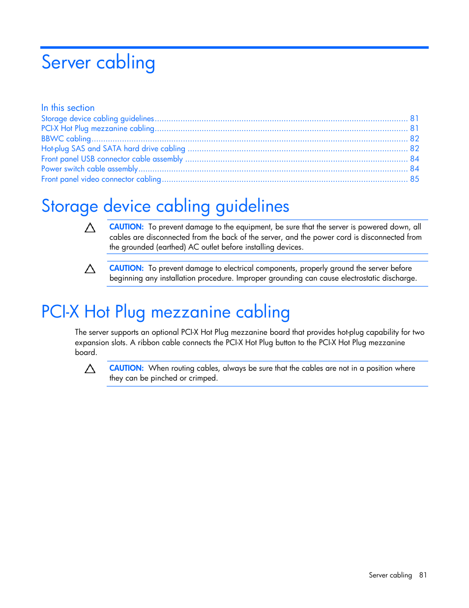 Server cabling, Storage device cabling guidelines, Pci-x hot plug mezzanine cabling | HP ProLiant DL580 G4 Server User Manual | Page 81 / 139