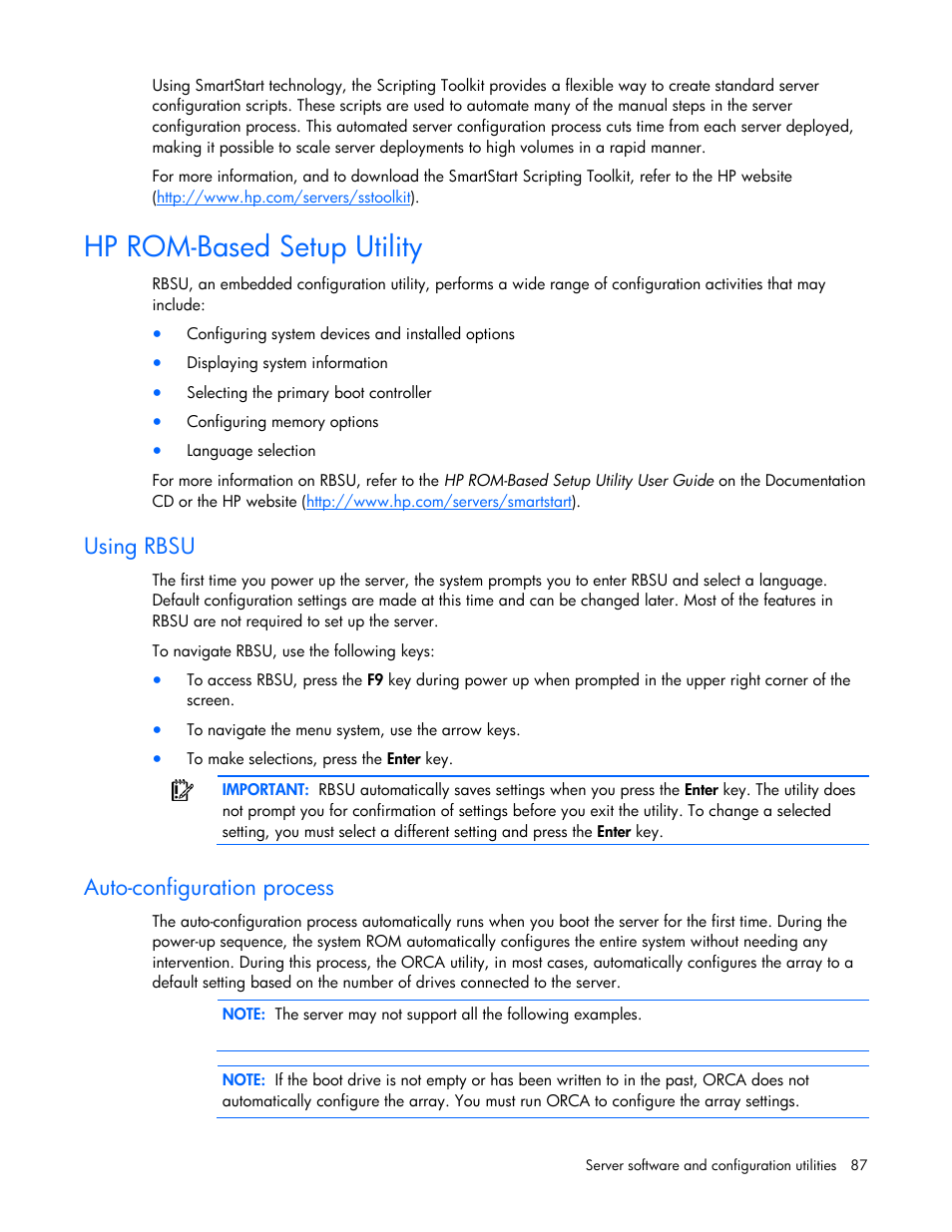 Hp rom-based setup utility, Using rbsu, Auto-configuration process | HP ProLiant DL580 G4 Server User Manual | Page 87 / 139