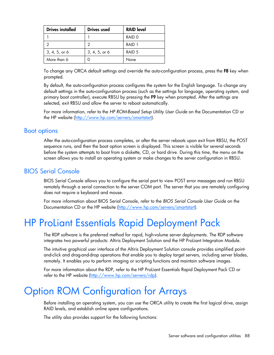 Boot options, Bios serial console, Hp proliant essentials rapid deployment pack | Option rom configuration for arrays, 88 option rom configuration for arrays | HP ProLiant DL580 G4 Server User Manual | Page 88 / 139