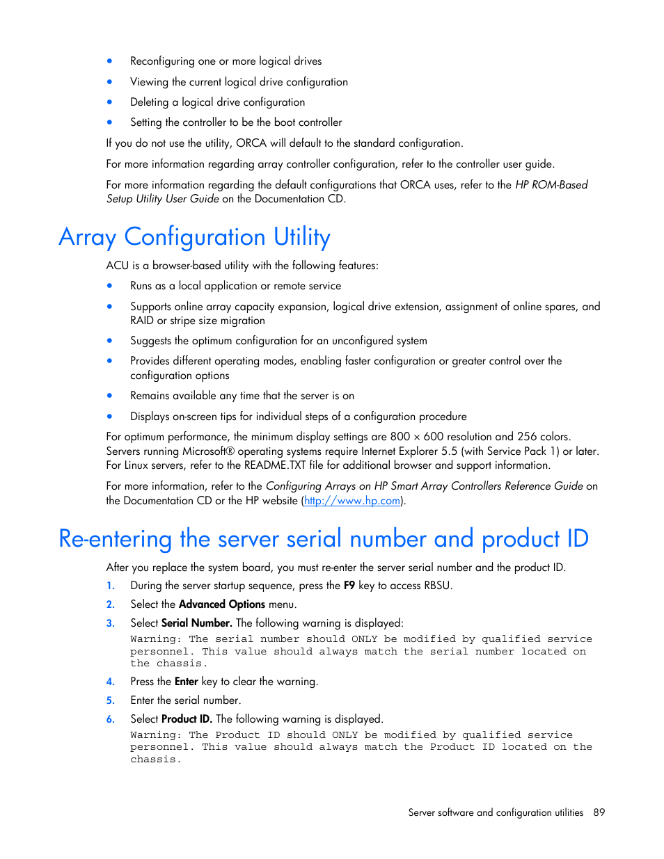 Array configuration utility, Array diagnostic utility, and e | HP ProLiant DL580 G4 Server User Manual | Page 89 / 139