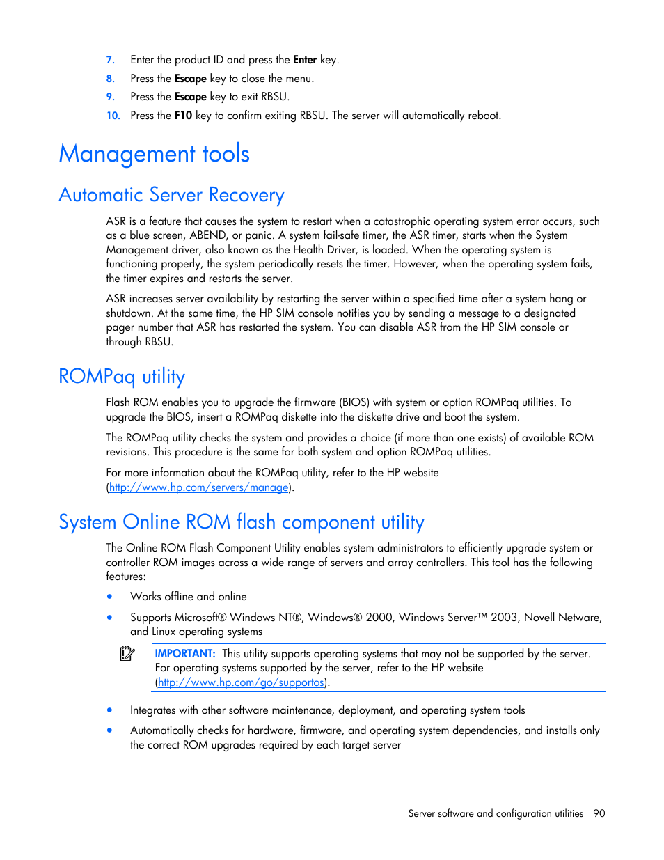 Management tools, Automatic server recovery, Rompaq utility | System online rom flash component utility | HP ProLiant DL580 G4 Server User Manual | Page 90 / 139