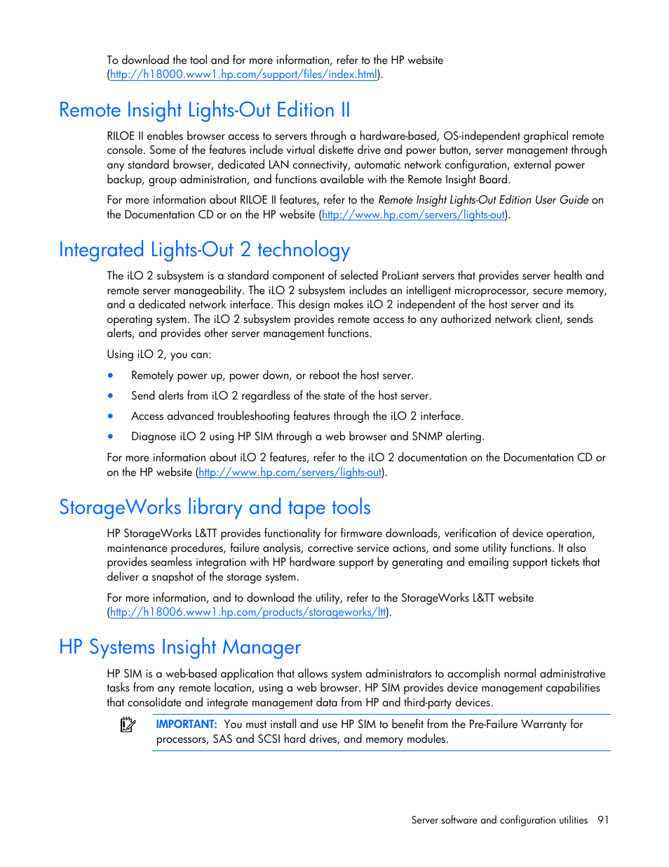 Remote insight lights-out edition ii, Integrated lights-out 2 technology, Storageworks library and tape tools | Hp systems insight manager | HP ProLiant DL580 G4 Server User Manual | Page 91 / 139