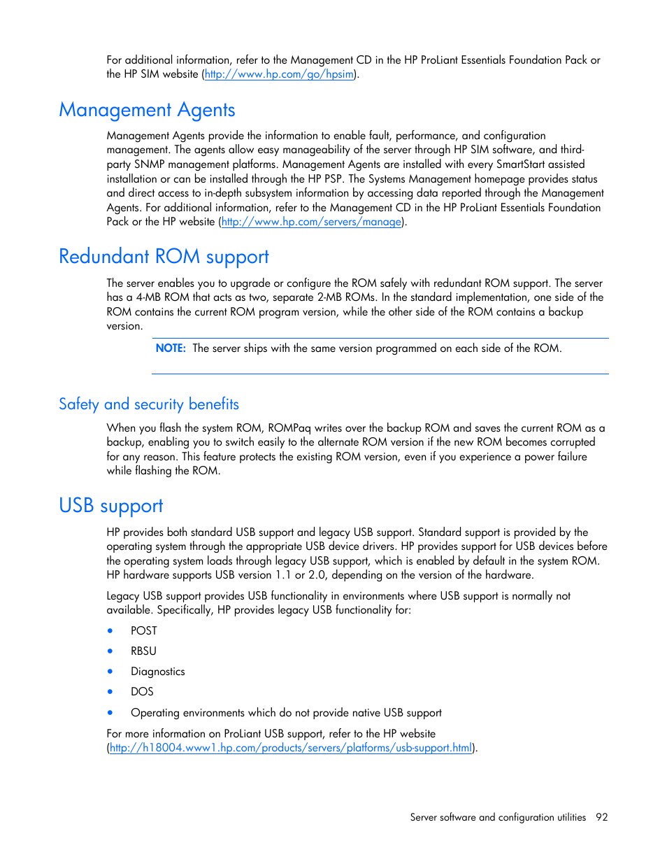 Management agents, Redundant rom support, Safety and security benefits | Usb support | HP ProLiant DL580 G4 Server User Manual | Page 92 / 139