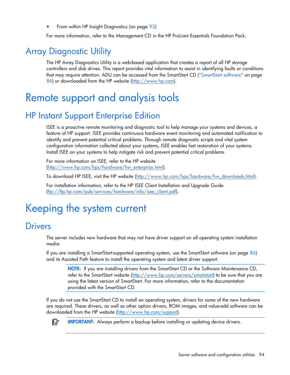 Array diagnostic utility, Remote support and analysis tools, Hp instant support enterprise edition | Keeping the system current, Drivers | HP ProLiant DL580 G4 Server User Manual | Page 94 / 139