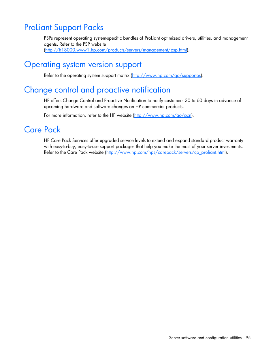 Proliant support packs, Operating system version support, Change control and proactive notification | Care pack | HP ProLiant DL580 G4 Server User Manual | Page 95 / 139