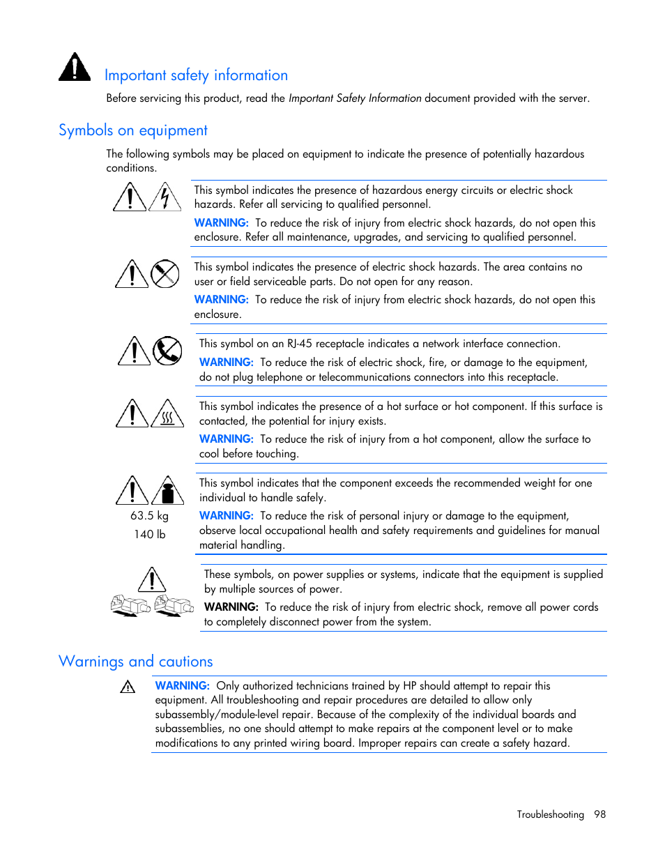 Symbols on equipment, Warnings and cautions, Important safety information | HP ProLiant DL580 G4 Server User Manual | Page 98 / 139