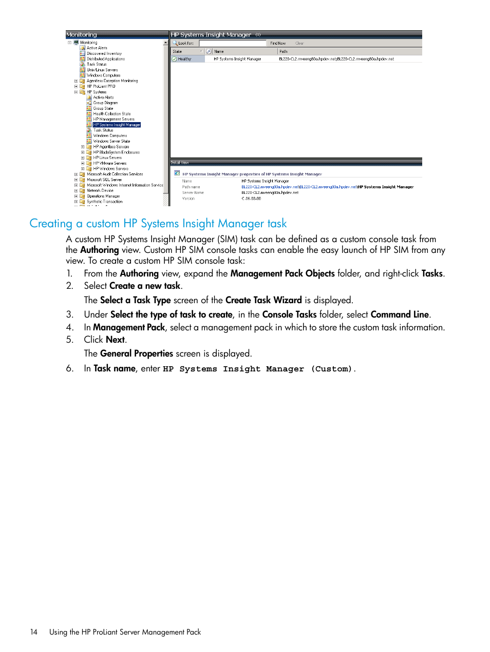 Creating a custom hp systems insight manager task | HP OneView for Microsoft System Center User Manual | Page 14 / 96