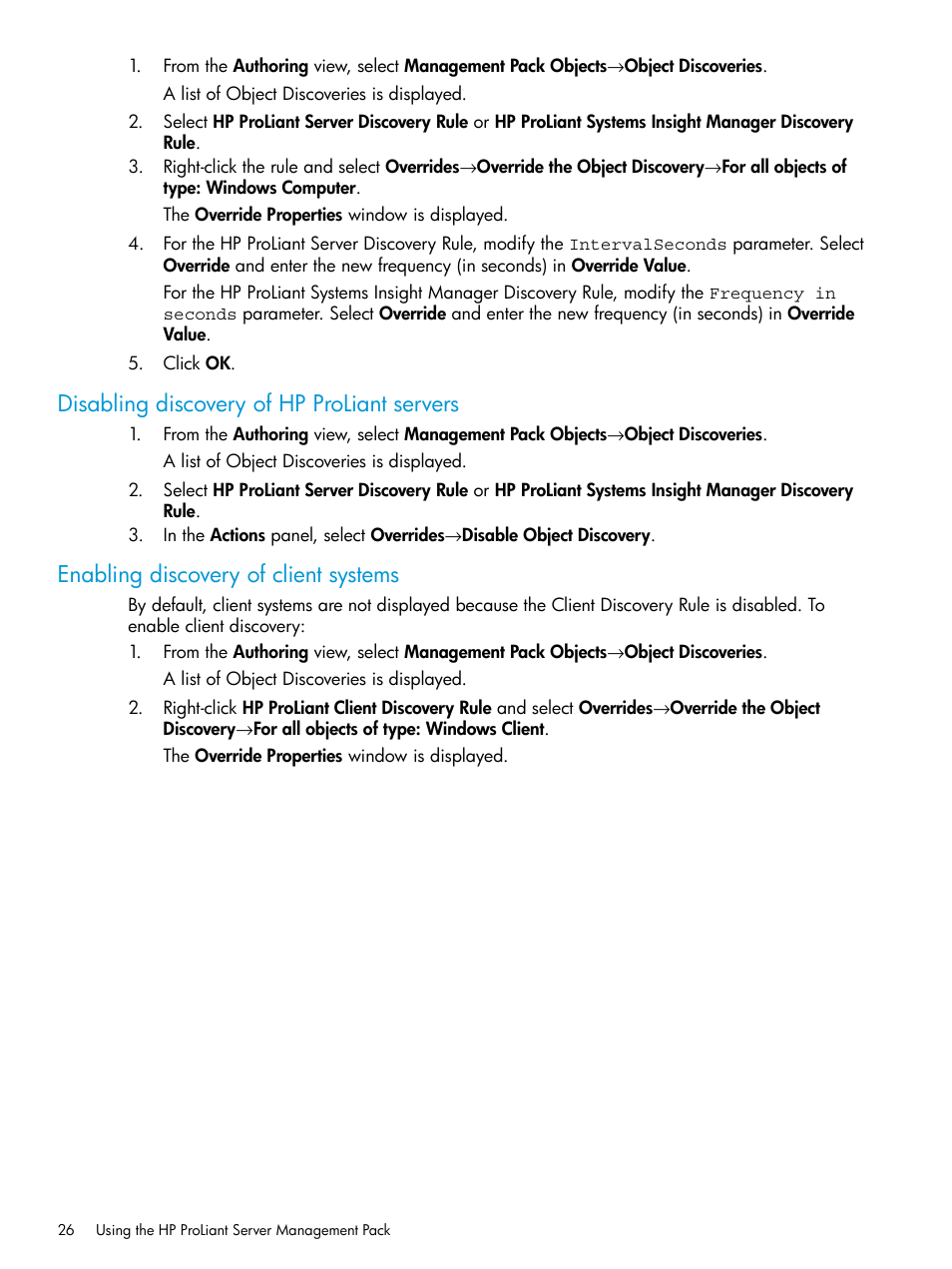 Disabling discovery of hp proliant servers, Enabling discovery of client systems | HP OneView for Microsoft System Center User Manual | Page 26 / 96