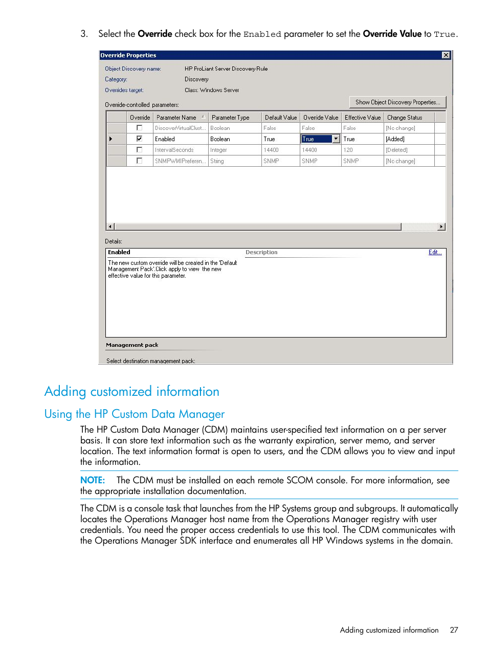 Adding customized information, Using the hp custom data manager | HP OneView for Microsoft System Center User Manual | Page 27 / 96