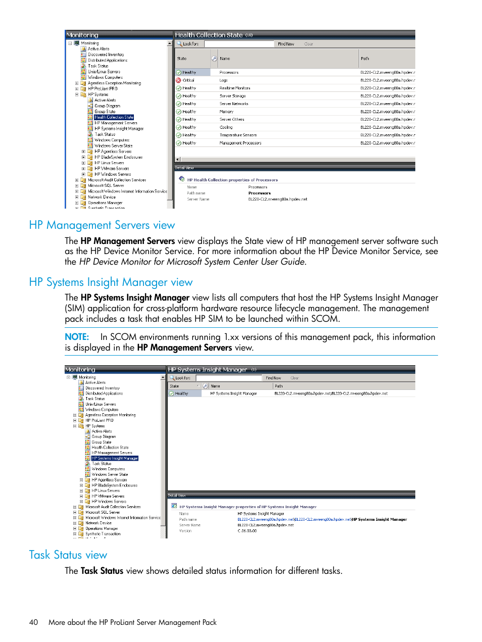 Hp management servers view, Hp systems insight manager view, Task status view | HP OneView for Microsoft System Center User Manual | Page 40 / 96