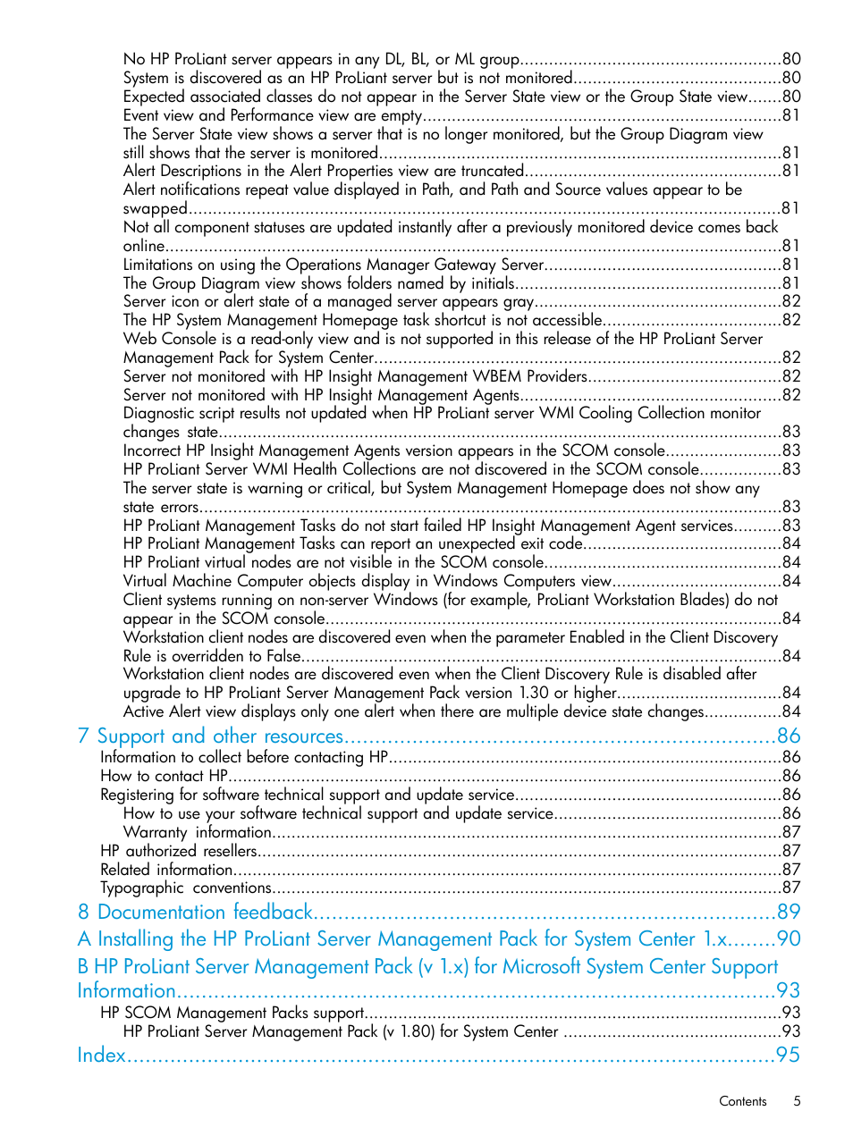 7 support and other resources, Index | HP OneView for Microsoft System Center User Manual | Page 5 / 96