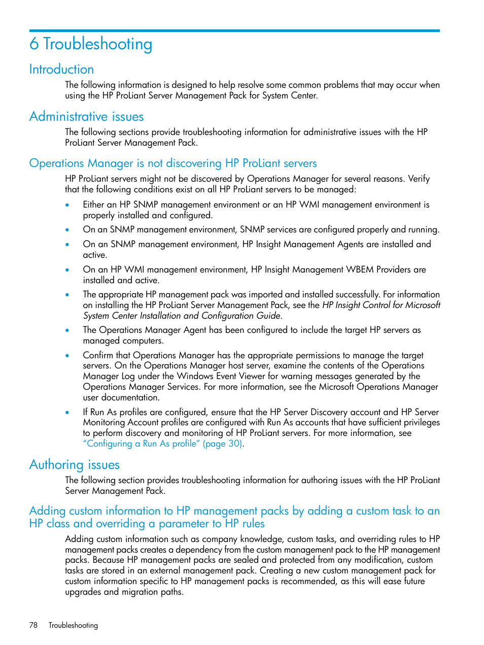 6 troubleshooting, Introduction, Administrative issues | Authoring issues, Introduction administrative issues | HP OneView for Microsoft System Center User Manual | Page 78 / 96