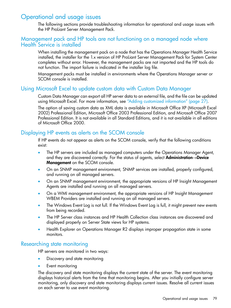 Operational and usage issues, Displaying hp events as alerts on the scom console, Researching state monitoring | HP OneView for Microsoft System Center User Manual | Page 79 / 96