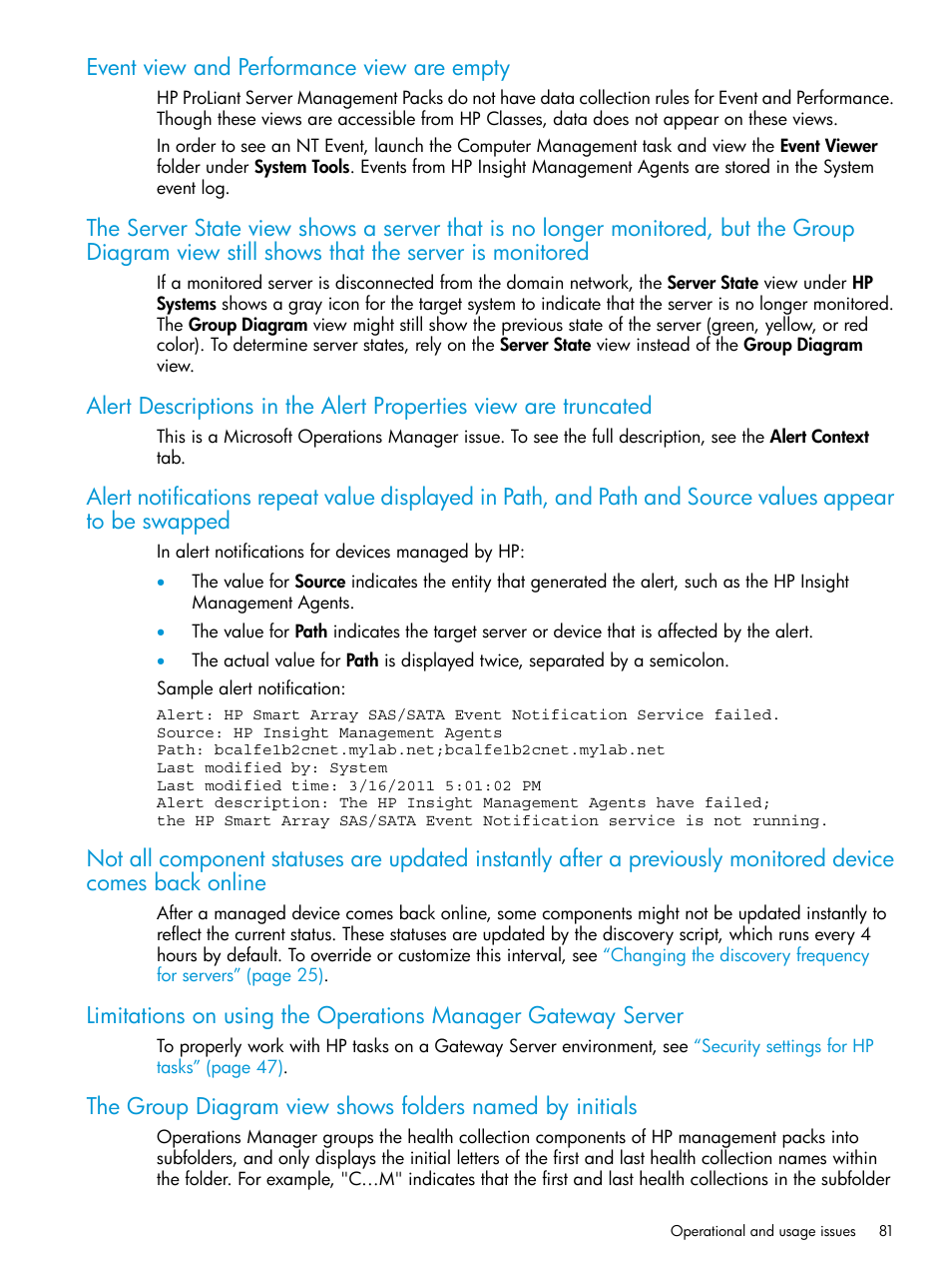 Event view and performance view are empty | HP OneView for Microsoft System Center User Manual | Page 81 / 96