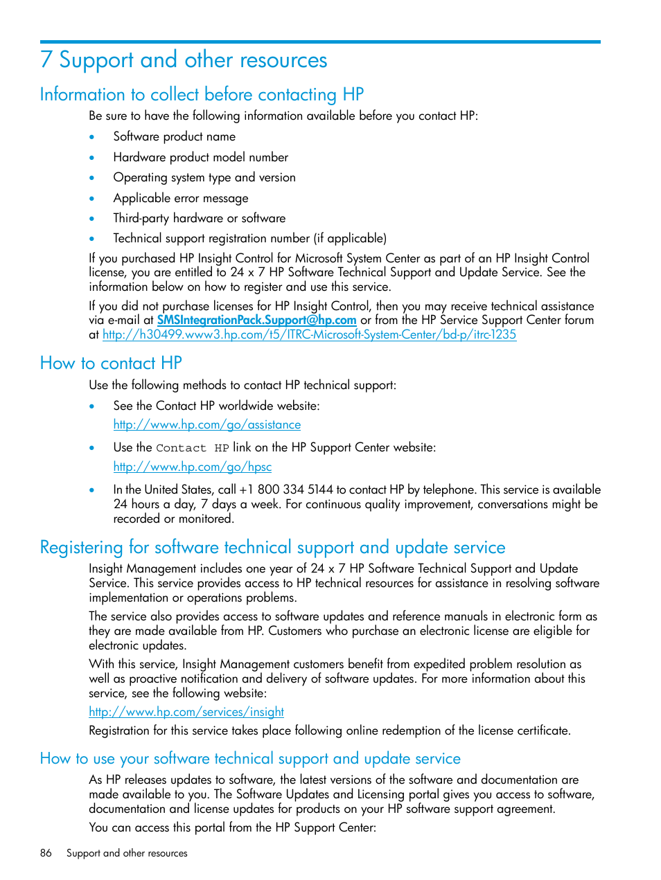 7 support and other resources, Information to collect before contacting hp, How to contact hp | HP OneView for Microsoft System Center User Manual | Page 86 / 96