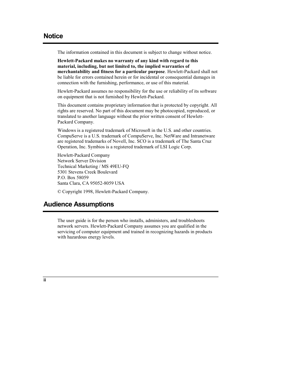Notice, Audience assumptions | HP Netserver L Server series User Manual | Page 2 / 154