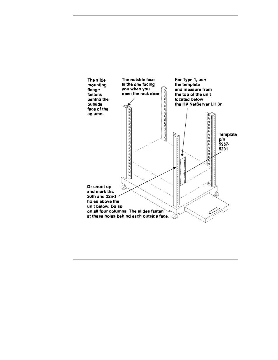 Type 1--locating and mounting the slides | HP Netserver L Server series User Manual | Page 58 / 154
