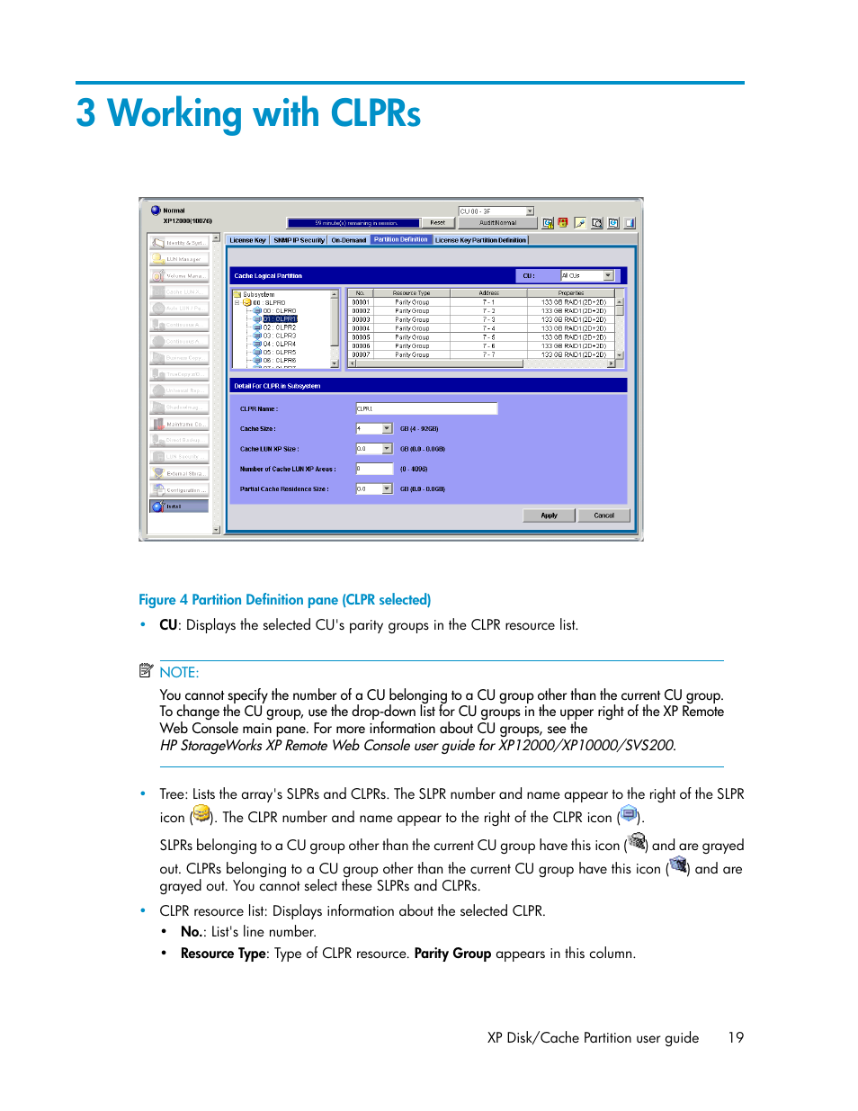 3 working with clprs, Partition definition pane (clpr selected) | HP StorageWorks XP Remote Web Console Software User Manual | Page 19 / 40