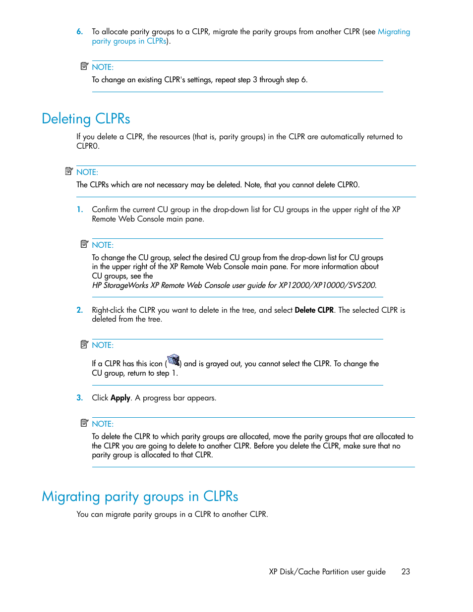 Deleting clprs, Migrating parity groups in clprs, 23 migrating parity groups in clprs | HP StorageWorks XP Remote Web Console Software User Manual | Page 23 / 40